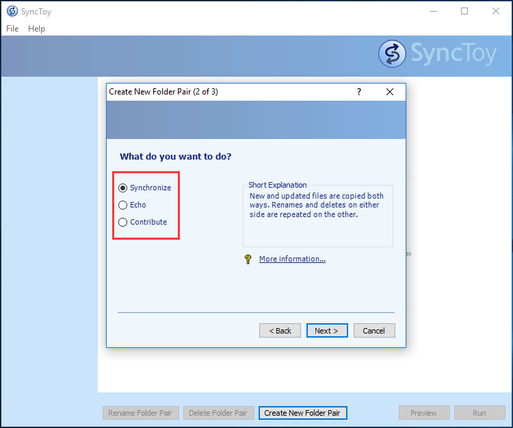 SyncToy offers three sync options